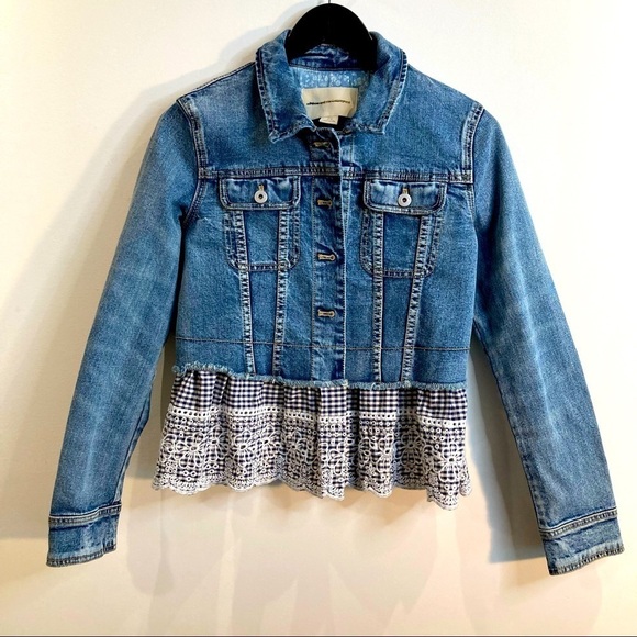 PILCRO & THE LETTERPRESS Sz S Denim Trucker Jacket with Gingham Embroidered - Picture 1 of 10